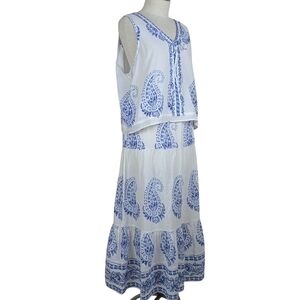 Lucky Brand Sleeveless Top Midi Skirt Set Cotton Paisley Print White Blue XL NWT
